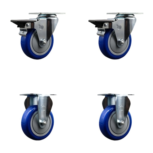 Service Caster 4'' Blue Poly Wheel Swivel Top Plate Caster Set with 2 Posi Brakes 2 Rigid, 4PK SCC-20S414-PPUB-BLUE-PLB-2-R-2 - main